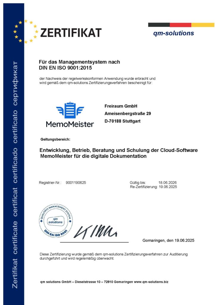 zertifikat memomeister 9001